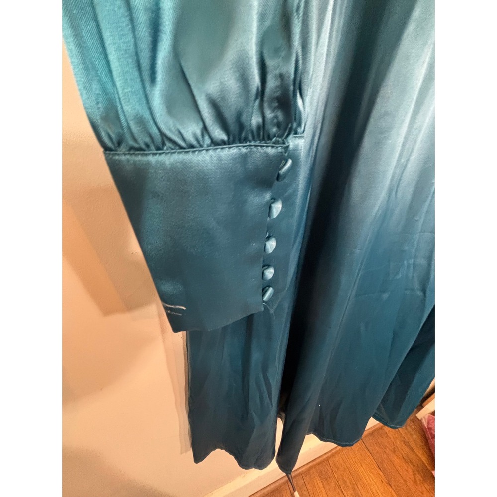 Colon Diana Teal Satin Bishop Sleeve Button Front Midi Dress Womens - Picture 15 of 16